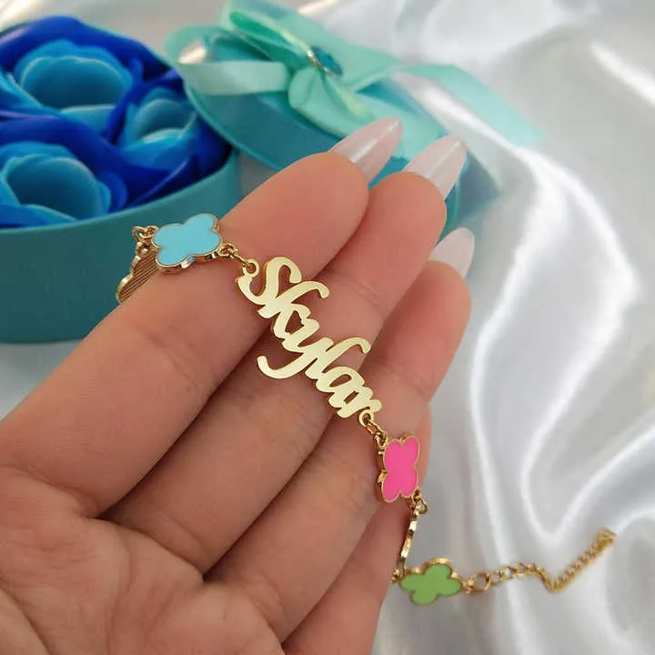 ون أربع أوراق البرسيم اسم سوار مخصص الاسم Color Four Leaf Clover Name Bracelet Custom Initial Name