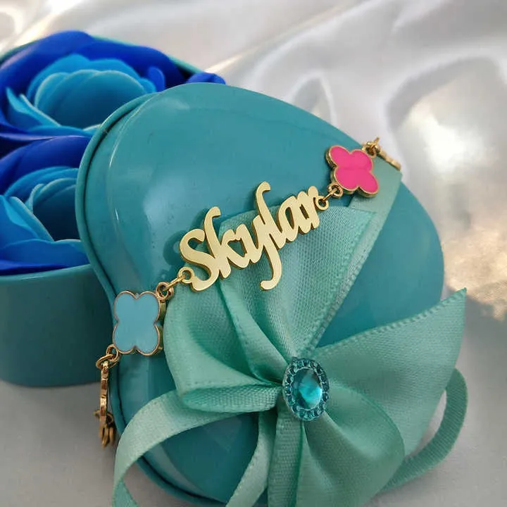 ون أربع أوراق البرسيم اسم سوار مخصص الاسم Color Four Leaf Clover Name Bracelet Custom Initial Name