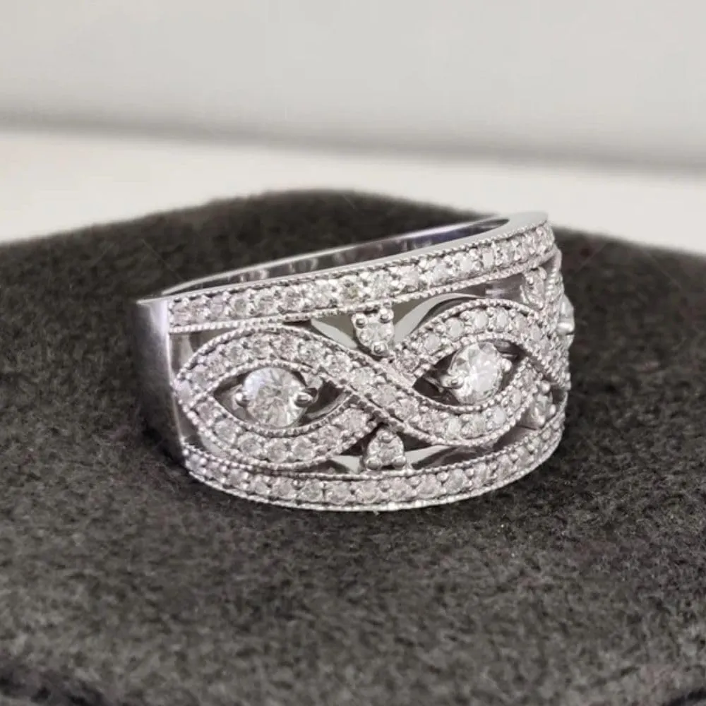 0.50 Ct Round Cut Diamond Wedding Eternity Bands Art Deco Milgrain Vintage Style Wide Band Thick Promise Unique Rings For Women 14K White Gold Plated Solid 925 Sterling Silver Handcrafted