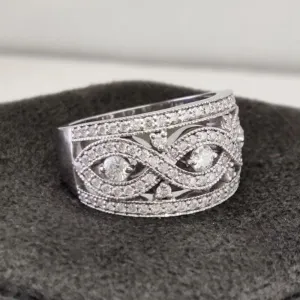 0.50 Ct Round Cut Diamond Wedding Eternity Bands Art Deco Milgrain Vintage Style Wide Band Thick Promise Unique Rings For Women 14K White Gold Plated Solid 925 Sterling Silver Handcrafted