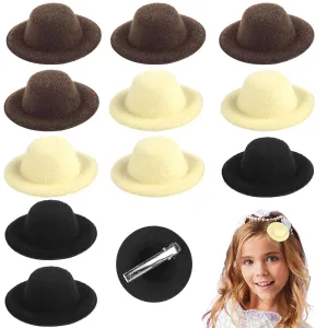 12 Mini Hair Clips with Tiny Felt Top Hats and Formal Party Hats for Women and Girls (Black, Brown, Beige)