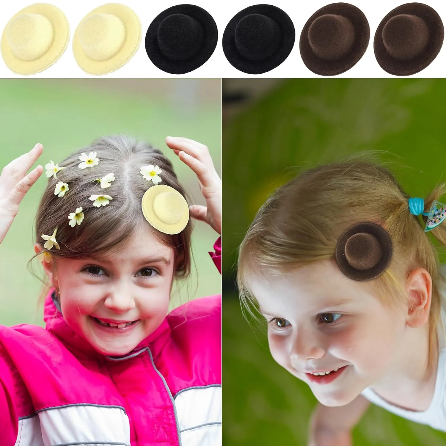 12 Mini Hair Clips with Tiny Felt Top Hats and Formal Party Hats for Women and Girls (Black, Brown, Beige)