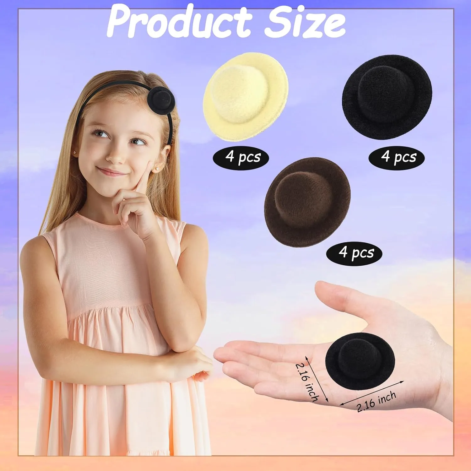 12 Mini Hair Clips with Tiny Felt Top Hats and Formal Party Hats for Women and Girls (Black, Brown, Beige)