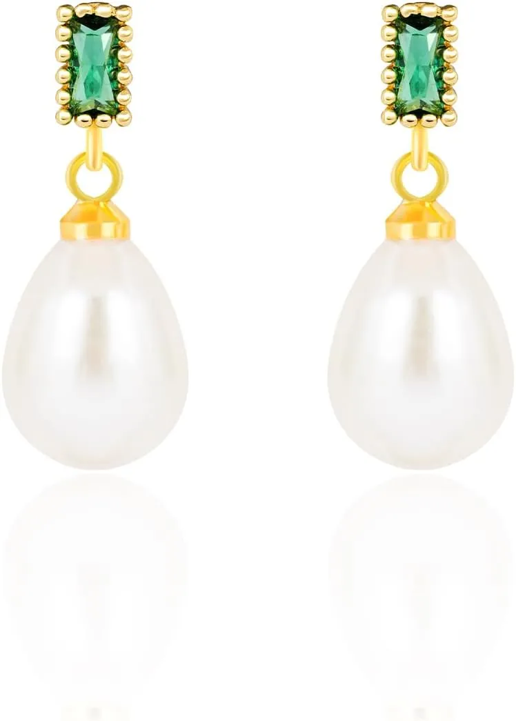 18K Gold Plated, AAA  Quality Handpicked 7~7.5mm Freshwater Pearl Drop Earrings with Emerald Green Earrings, Handmade Vintage Pearl Dangle Earrings for Women