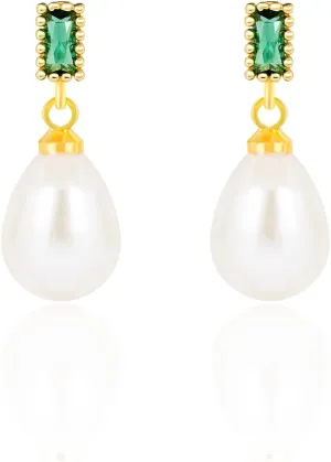18K Gold Plated, AAA  Quality Handpicked 7~7.5mm Freshwater Pearl Drop Earrings with Emerald Green Earrings, Handmade Vintage Pearl Dangle Earrings for Women