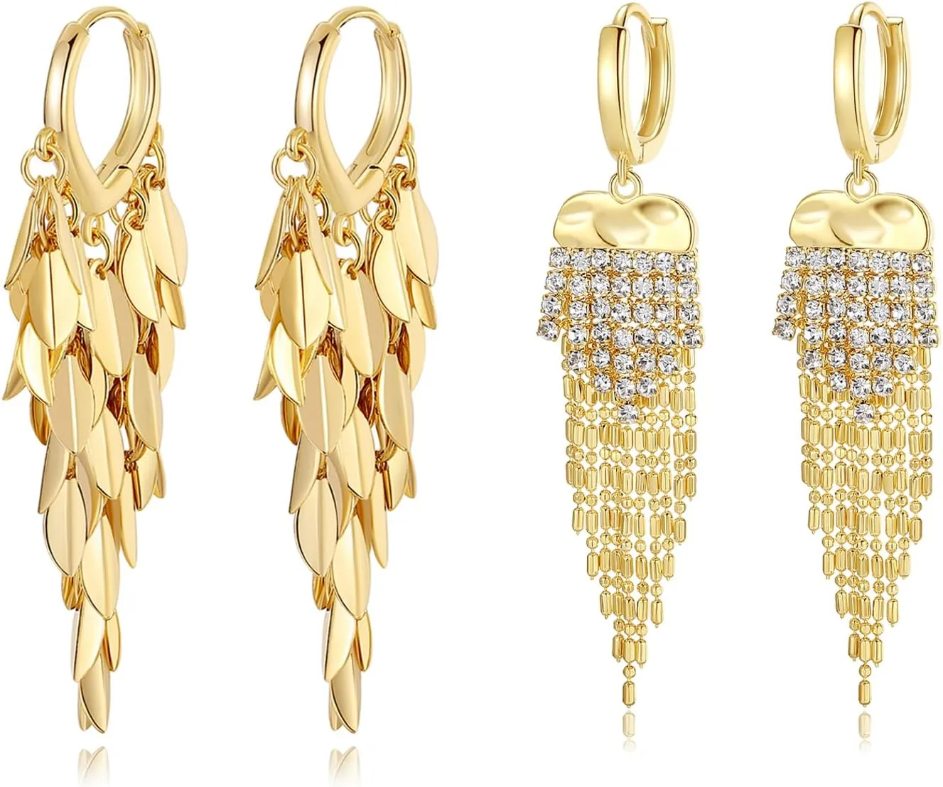 18K Gold Plated Leaf Hoop Earrings for Women, Sparkly Fringe Long Tassel Dangle Drop Earrings, Chunky Gold Chandelier Earrings for Prom Bridal