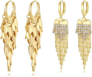 18K Gold Plated Leaf Hoop Earrings for Women, Sparkly Fringe Long Tassel Dangle Drop Earrings, Chunky Gold Chandelier Earrings for Prom Bridal