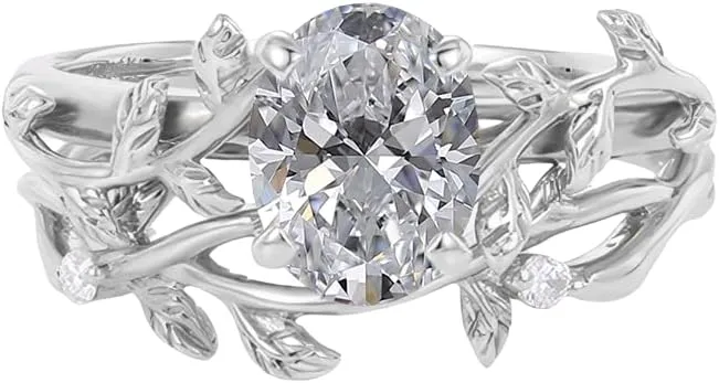1Carat Oval Cut Lab Grown Diamond Engagement Rings 10K 14K 18K Gold Lab Grown Diamond Wedding Ring Set Bridal Set 2pcs Art Deco Vine Inspired Leaf Wedding Band Promise Rings(D Color, VVS Clarity)