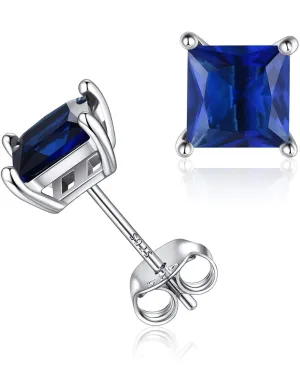 2.5CT Sterling Silver Lab Created Blue Sapphire Square Cut Studs Earrings
