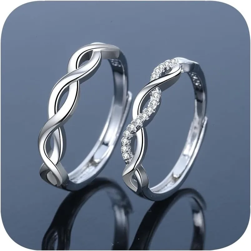 2Pcs Couple Rings for Men and Women 925 Silver Plated CZ Wedding Band Matching Promise Rings Size Adjustable Handmade BridalAnniversary Romantic Gift(Set of Two Rings)