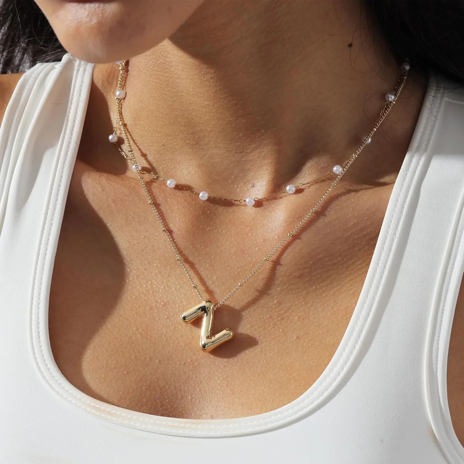 2PCS Gold Bubble Letter Necklace Pearl Necklaces For Women Gold Initial Name Layered Friendship Dainty Gold Necklace Birthday Gifts For Women