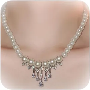 2Pcs Pearl Choker Necklace Rhinestone Necklace Pearl Flower Choker Necklace for Women Layered Sparkly Rhinestone Choker Necklace Prom Necklaces Gifts