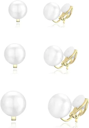 3 Pairs Pearl Clip on Earrings Women,Non Pierced Gold Plated White Imitation Pearl Cute Pearl No Piercing Fake Earrings