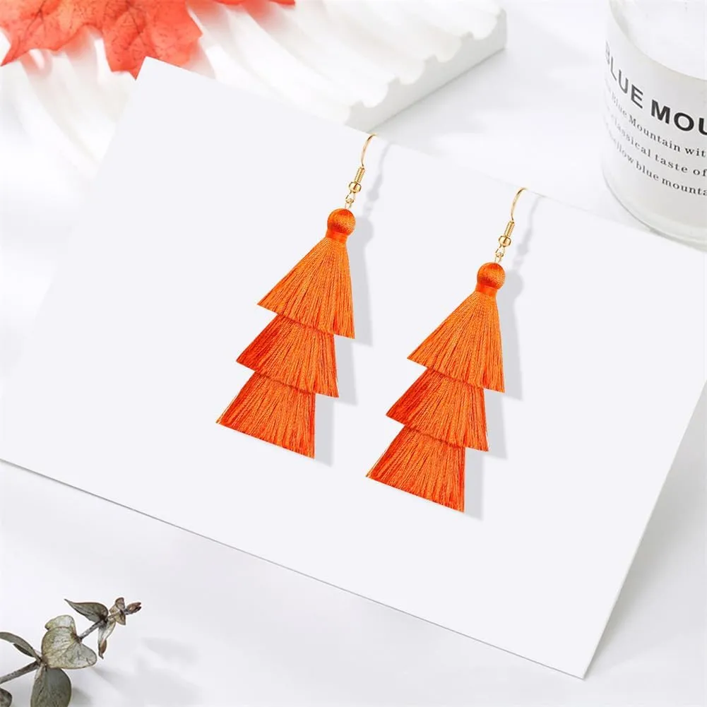 3 Tier Layered Colorful Tassel Earrings Bohemian Big Dangle Drop Fashion Jewelry Earrings for Women Valentine Birthday Party.