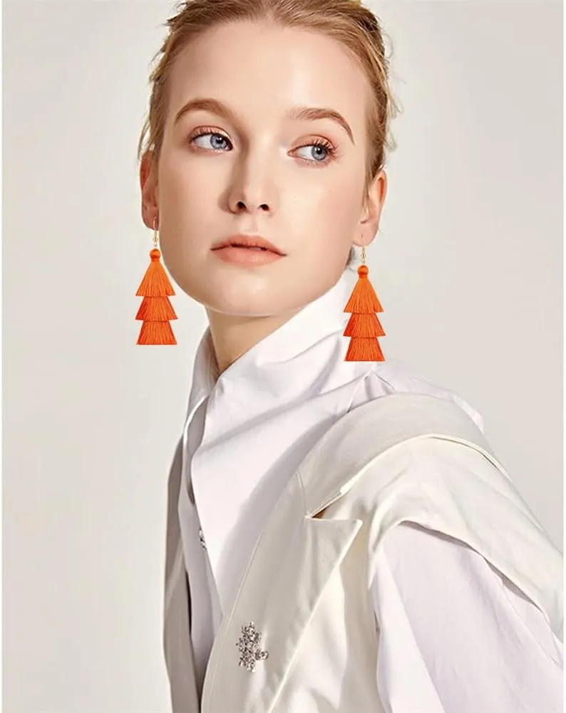 3 Tier Layered Colorful Tassel Earrings Bohemian Big Dangle Drop Fashion Jewelry Earrings for Women Valentine Birthday Party.