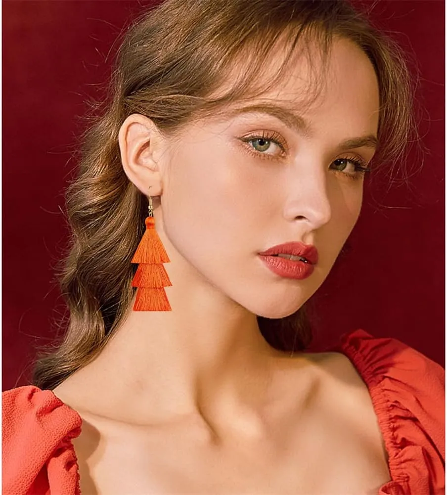 3 Tier Layered Colorful Tassel Earrings Bohemian Big Dangle Drop Fashion Jewelry Earrings for Women Valentine Birthday Party.