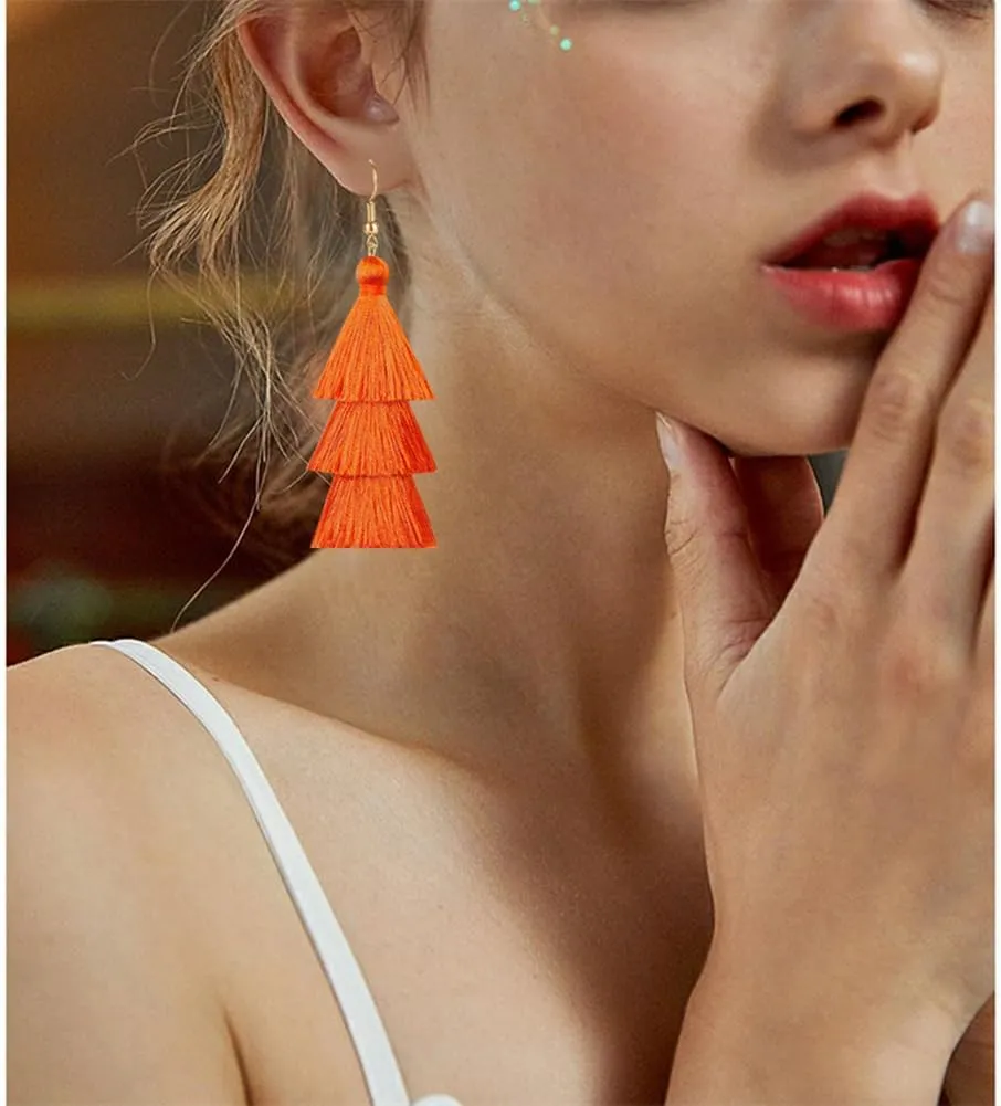 3 Tier Layered Colorful Tassel Earrings Bohemian Big Dangle Drop Fashion Jewelry Earrings for Women Valentine Birthday Party.