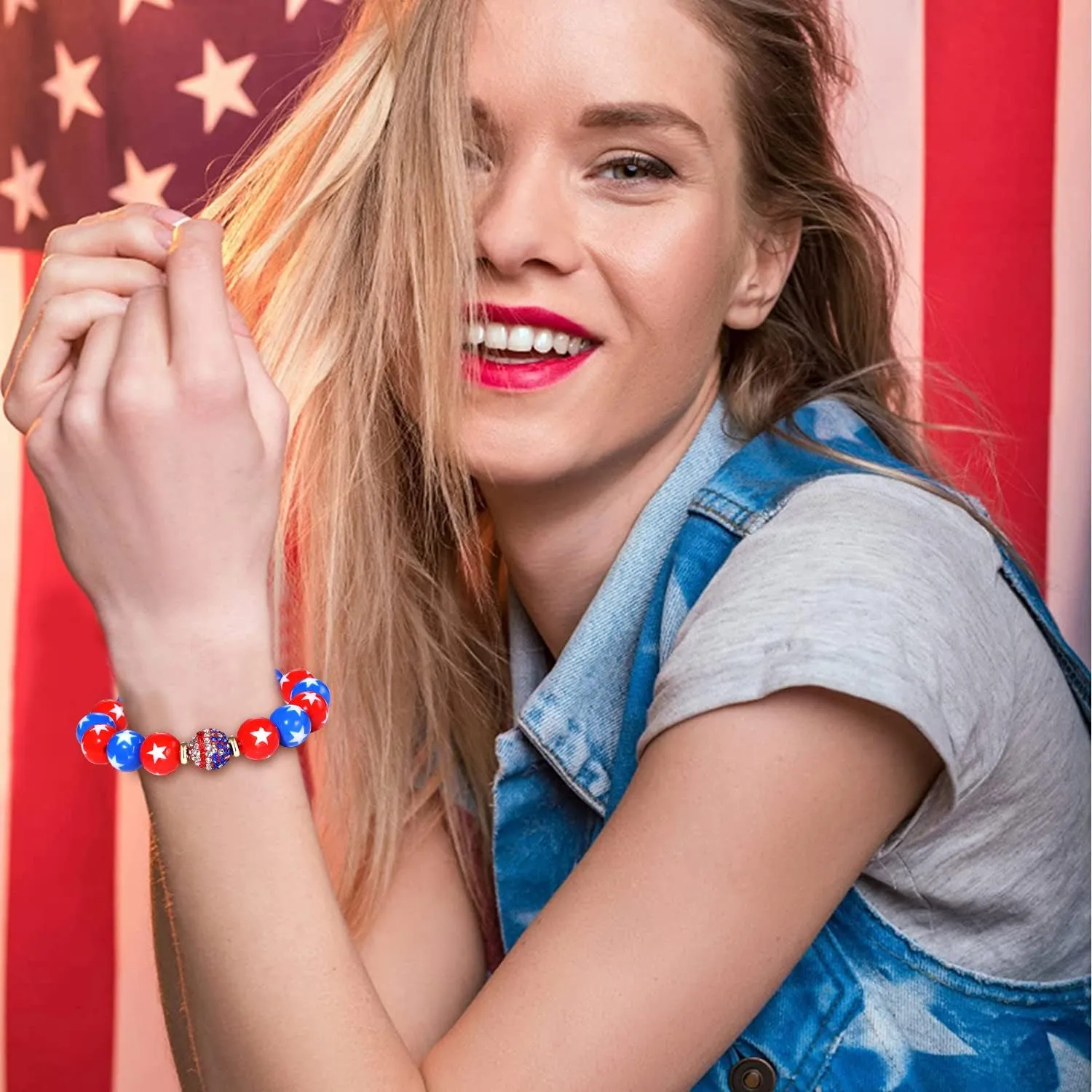 3PCS Independence Day Chunky Beaded Bracelets Patriotic 4th of July Beaded Bracelets Crystal Beaded Bracelet for Women America Flag Red White And Blue Bead Ball Stretch Bracelet Jewelry Gifts