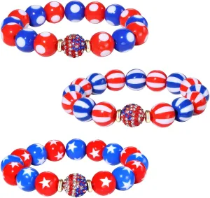3PCS Independence Day Chunky Beaded Bracelets Patriotic 4th of July Beaded Bracelets Crystal Beaded Bracelet for Women America Flag Red White And Blue Bead Ball Stretch Bracelet Jewelry Gifts
