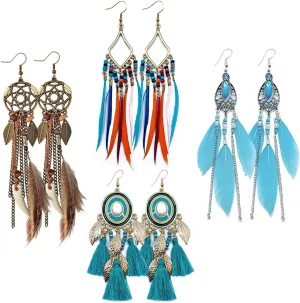 4 Pairs Bohemian Dream Catcher Feather Earrings Vintage Long Tassel Feather Earring for Women Drop Dangling Tassel Earrings Colorful Boho Beaded Earrings Jewelry Gifts - D