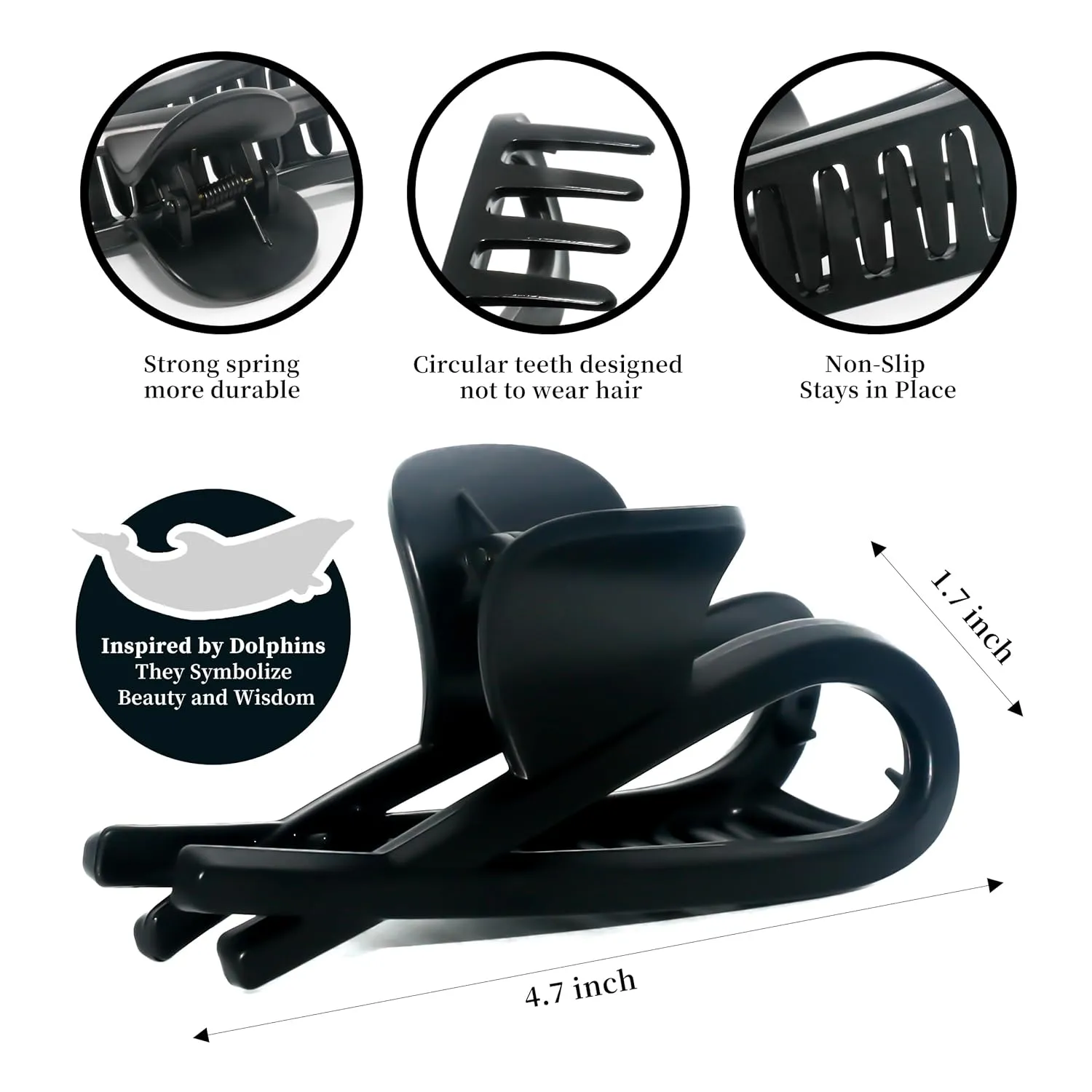 4.7 Inch Large Hair Claw Clips for Women, Strong Hold Claw Clips for Thick,Black Whit Cute Dolphin Shape, Hair Accessories Gifts for Women