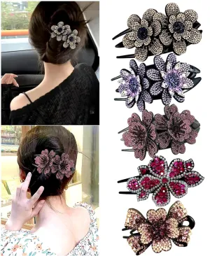 5 Pcs double flower decorative jeweled rhinestone hair clip pretty fancy floral thick crystal hair clips for women beautiful fashion designer asian accessories long chinese korean vintage ornaments