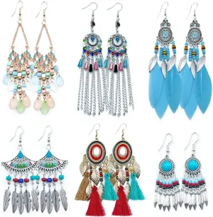 6 Pairs Fashion Boho Drop Dangle Earrings for Women Bohemian Long Fringe Feather Earrings Silver Leaf Tassel Earring Ethnic Water Drop Statement Earring Colorful Boho Beaded Tassel Earrings - B
