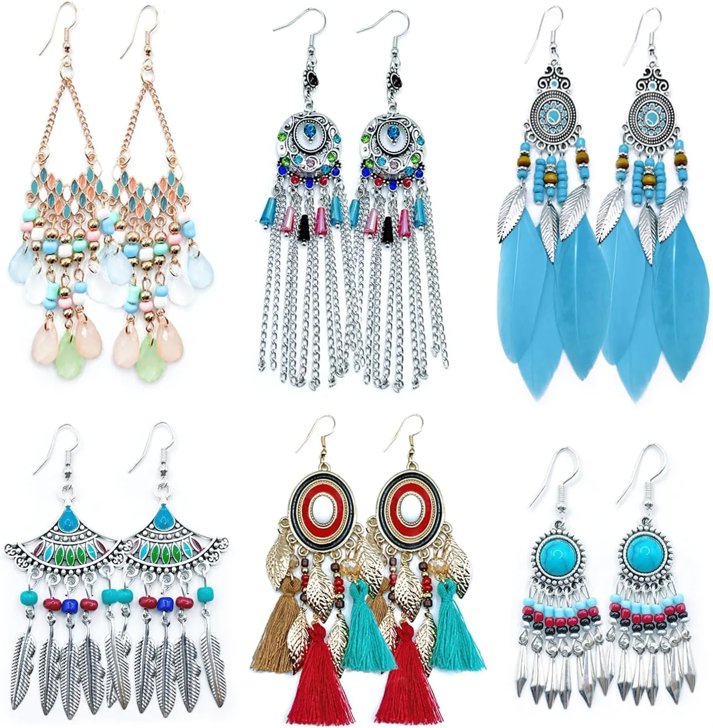 6 Pairs Fashion Boho Drop Dangle Earrings for Women Bohemian Long Fringe Feather Earrings Silver Leaf Tassel Earring Ethnic Water Drop Statement Earring Colorful Boho Beaded Tassel Earrings - B