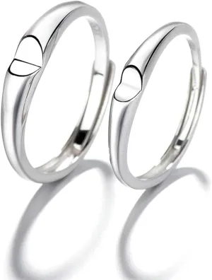 925 Couple Ring Sets, Promise Ring Heart with Silver Heart Shaped Couple Adjustable Band Jewelry Gift