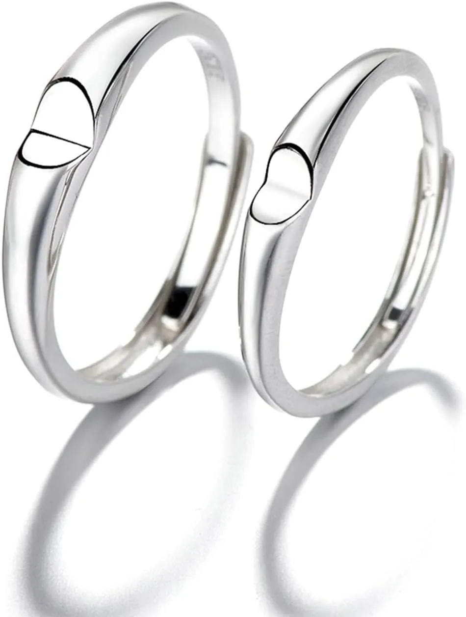 925 Couple Ring Sets, Promise Ring Heart with Silver Heart Shaped Couple Adjustable Band Jewelry Gift