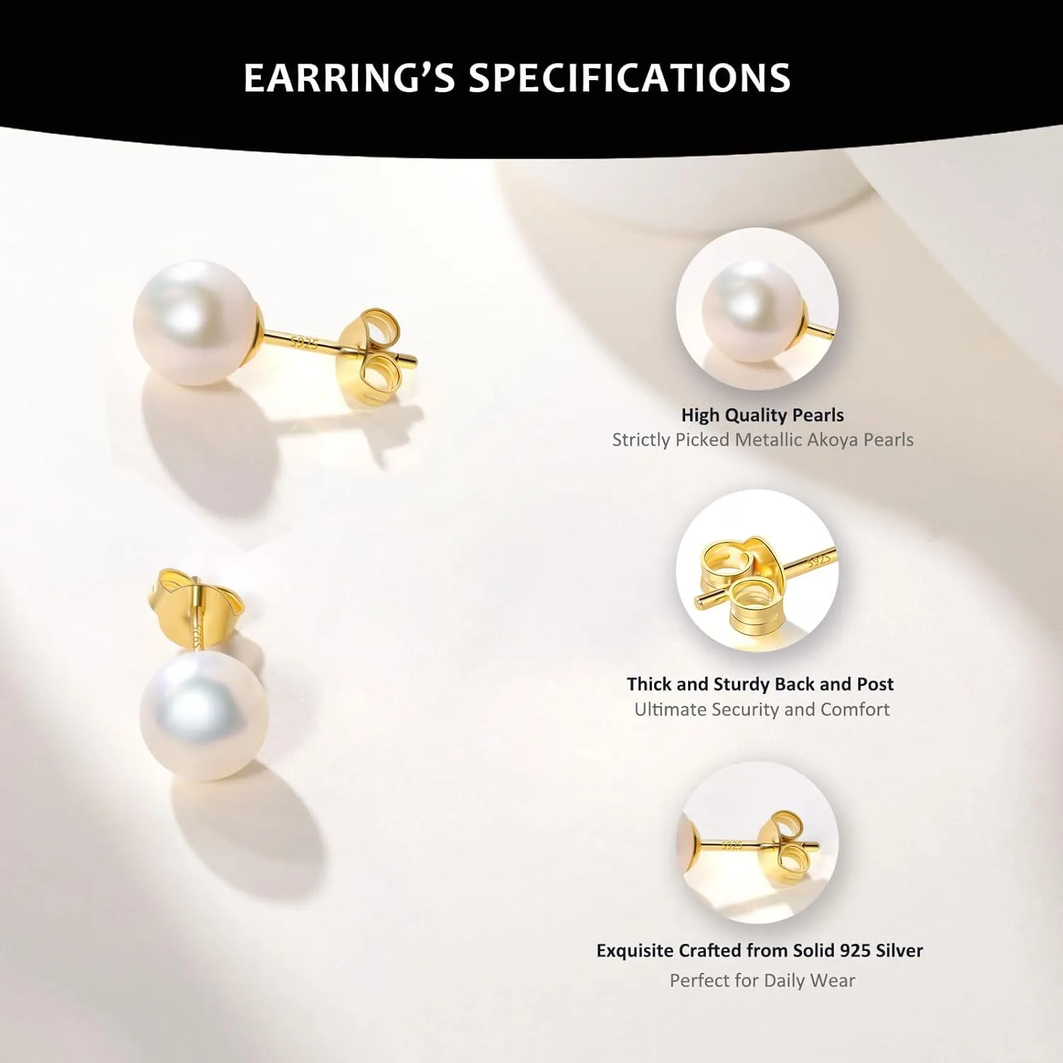 Akoya Cultured Pearl Earrings Round ?C 925 Sterling Silver Hypoallergenic Pearl Studs for Women