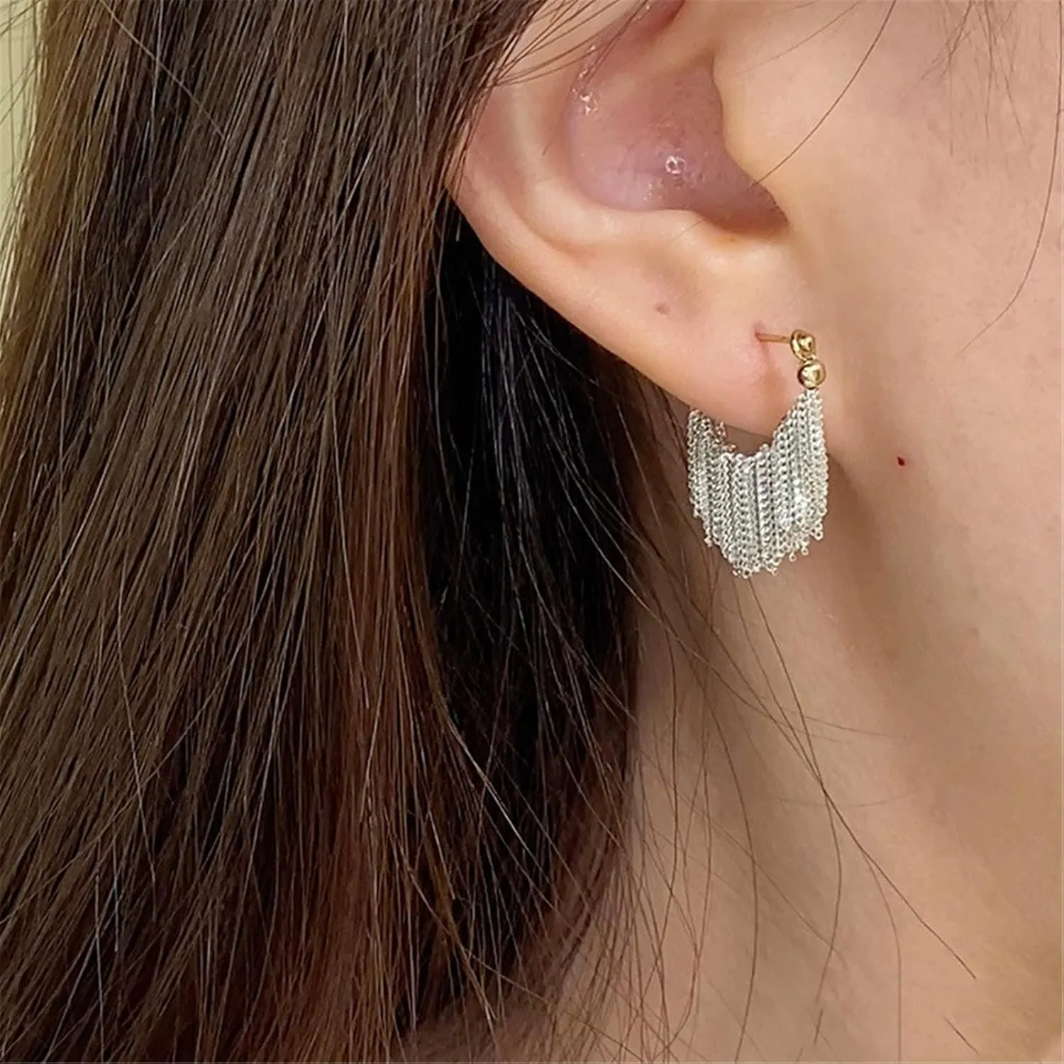 Aphro Fashion Scalloped Tassel Earrings, 18K Gold Plated Tassel Dangle Drop Earrings, Hoop Tassel Metal Earrings for Women, Gold Chain Waterfall Earrings, Gold Chandelier Earrings (#3)