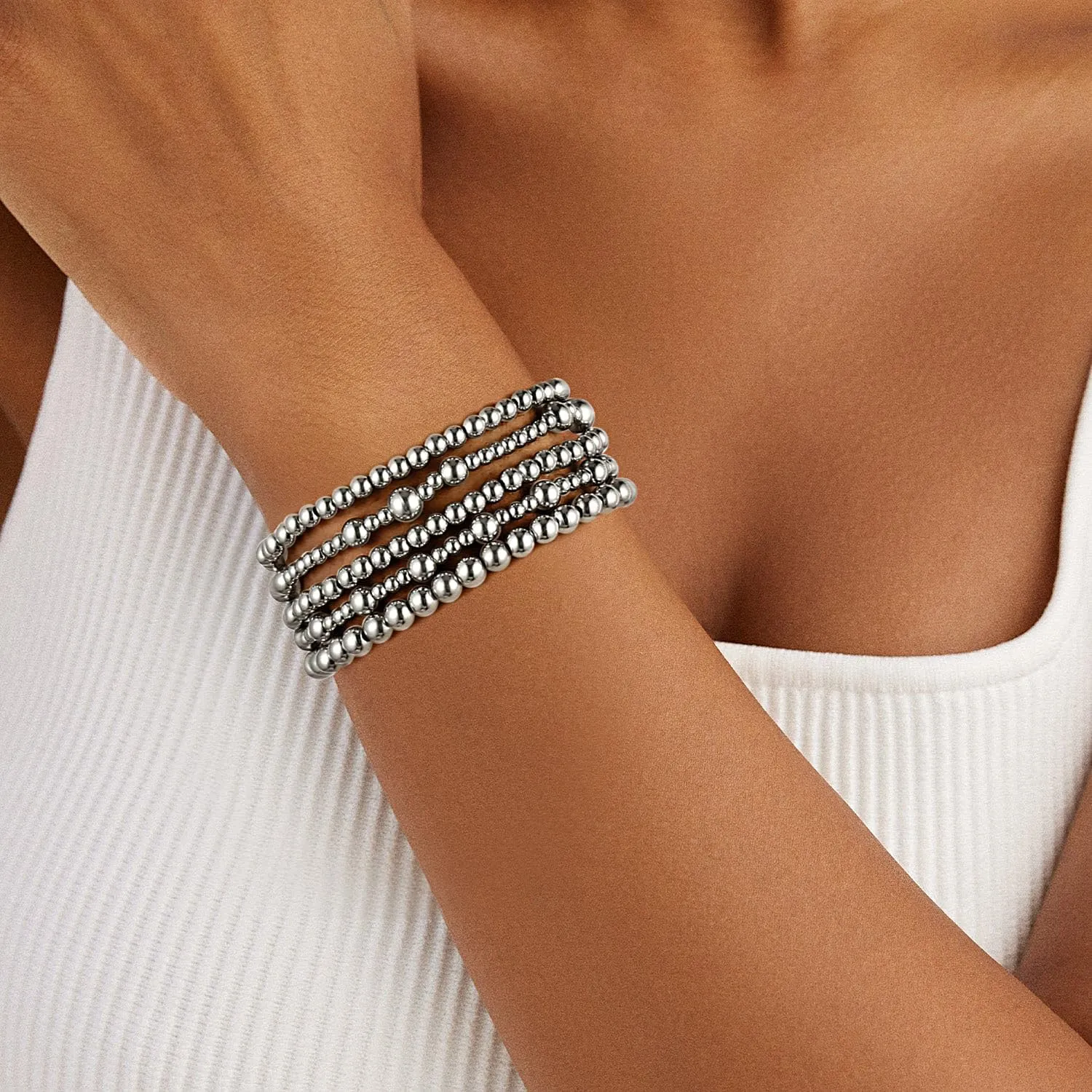Badu Silver Beaded Bracelets for Women no tarnish Silver plated Stackable Bead Ball Bracelet Stretchable Elastic Hypoallergenic Trendy