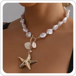 Beach Necklaces for Women Chunky Gold Starfish Shell Necklace Mermaid Necklace Bobh Pearl Starfish Necklaces Summer Beach Vacation SeaShell Jewelry Accessorie