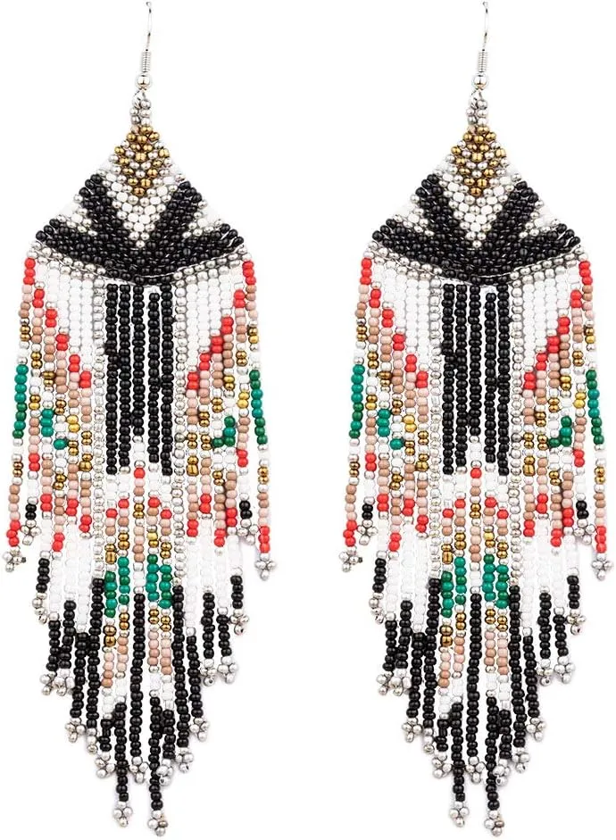 Beaded Tassel Earrings - Big Flag Long Bohemian Native Beaded Chandelier Dangle Earrings, Boho Seed Bead Large Tribal Fringe Drop Dangle Earrings for Women