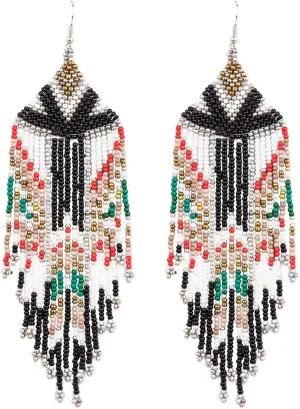 Beaded Tassel Earrings - Big Flag Long Bohemian Native Beaded Chandelier Dangle Earrings, Boho Seed Bead Large Tribal Fringe Drop Dangle Earrings for Women