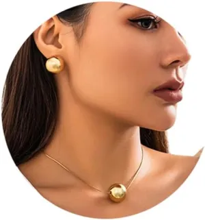 Big Bead Ball Pendant Choker Necklace Earrings Jewelry Set Snake Bone Chain Necklace Gold Ball Necklace Body Chain Wedding Party Jewelry for Womens (Gold)