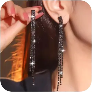 Black Earrings for Women Dangling Sparkling Rhinestone Earrings Bling Tassel Fringe Ear-rings Wedding Prom Party Jewelry Accessories