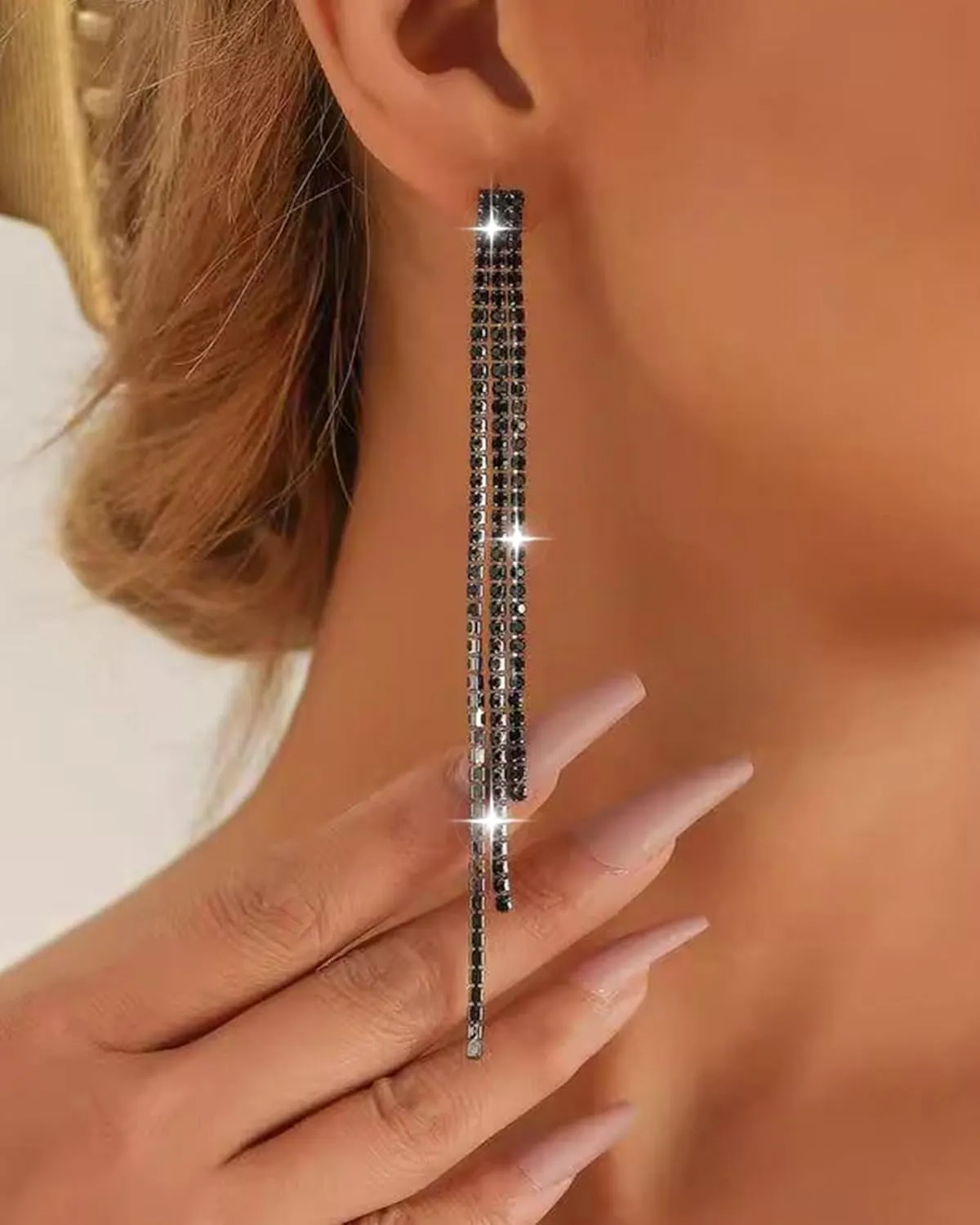 Black Earrings for Women Dangling Sparkling Rhinestone Earrings Bling Tassel Fringe Ear-rings Wedding Prom Party Jewelry Accessories
