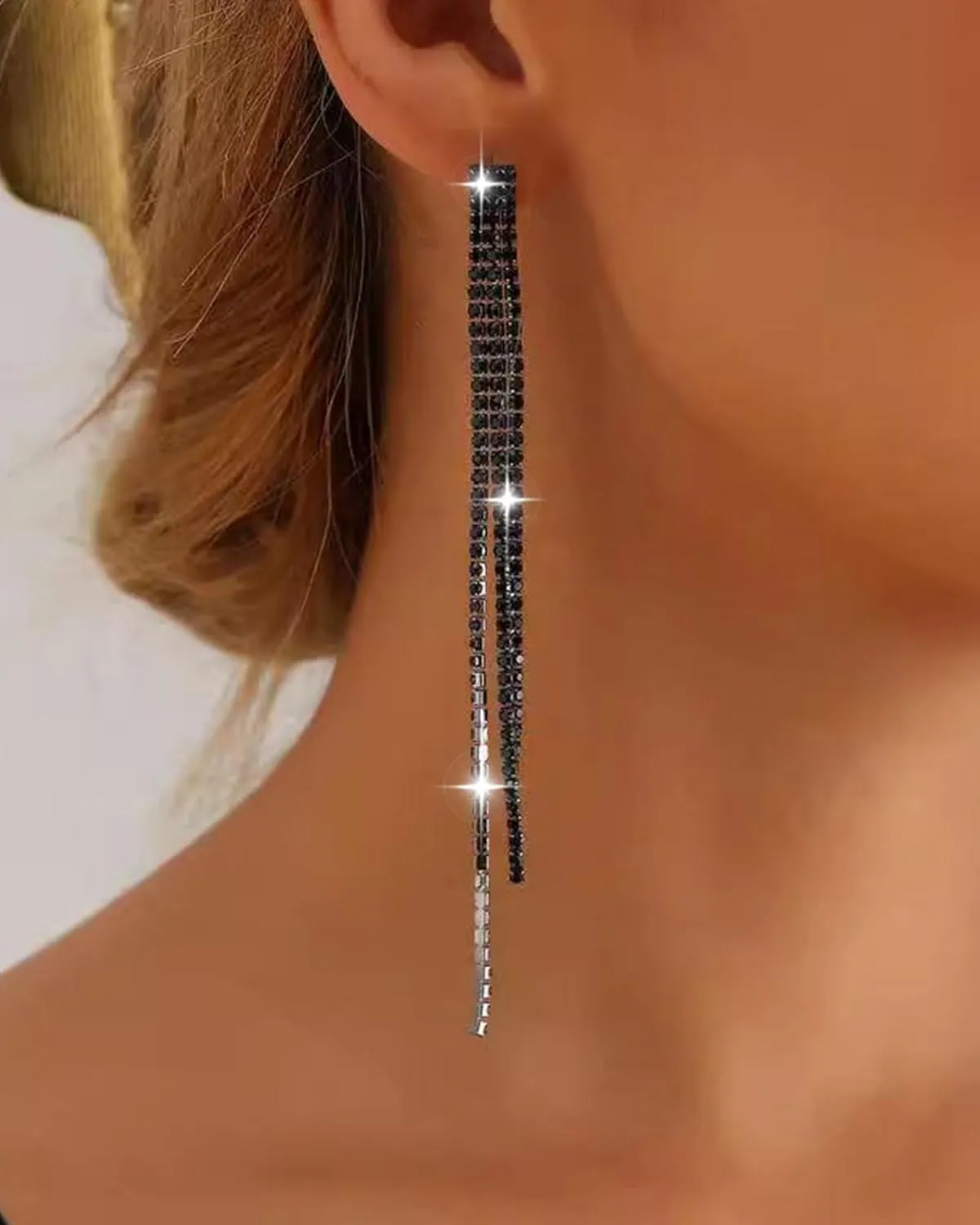 Black Earrings for Women Dangling Sparkling Rhinestone Earrings Bling Tassel Fringe Ear-rings Wedding Prom Party Jewelry Accessories