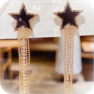 Black Star Earrings Black Chandelier Earrings Rhinestone Star Tassel Earrings Long Waterfall Fringe Earrings Statement Earrings for Women