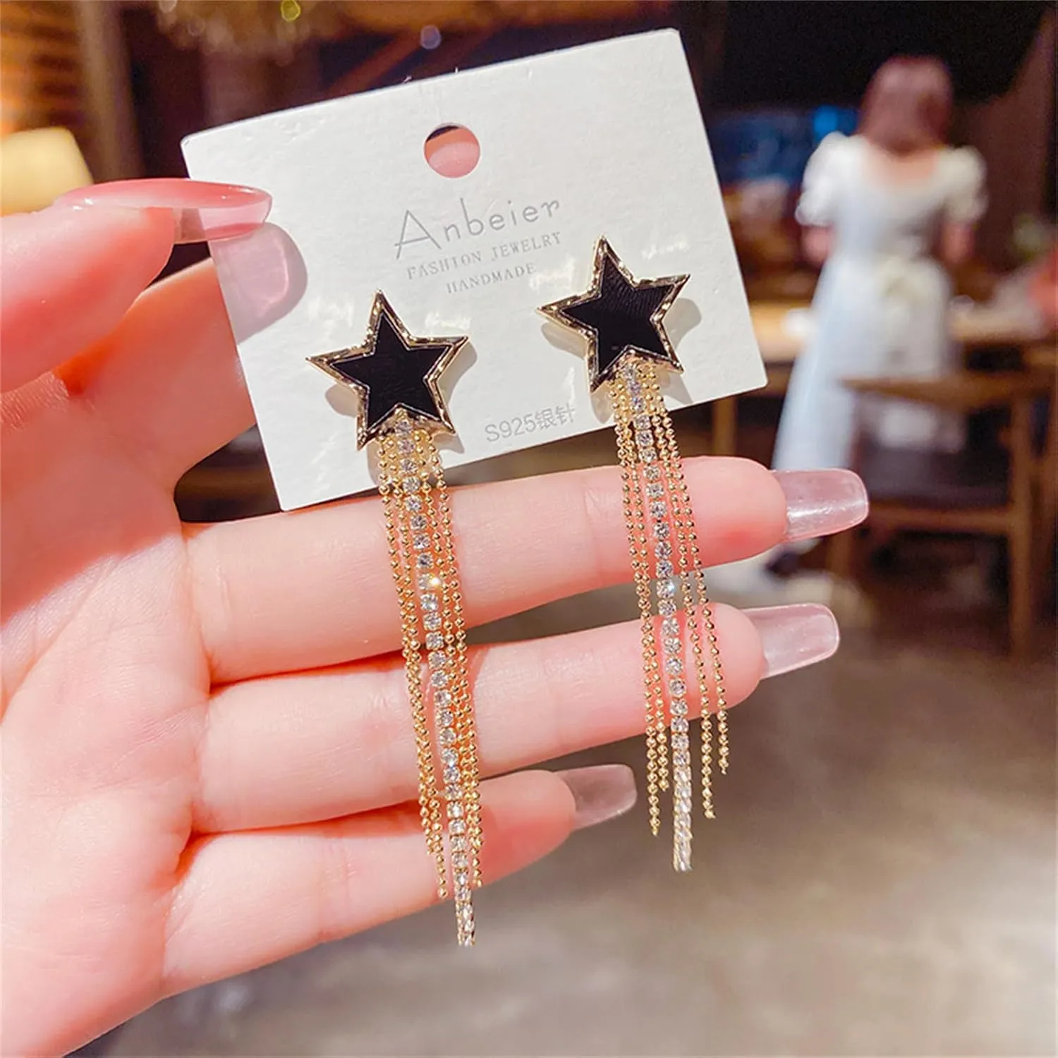 Black Star Earrings Black Chandelier Earrings Rhinestone Star Tassel Earrings Long Waterfall Fringe Earrings Statement Earrings for Women