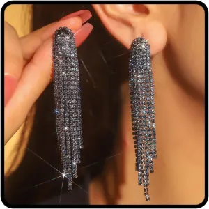 Black Tassel Earrings for Women Sparkle Black Rhinestone Earrings Shining Black Chandelier Earrings Dangle Wedding Earrings for Bride Bridesmaids Party Prom Wedding Jewelry Accessories
