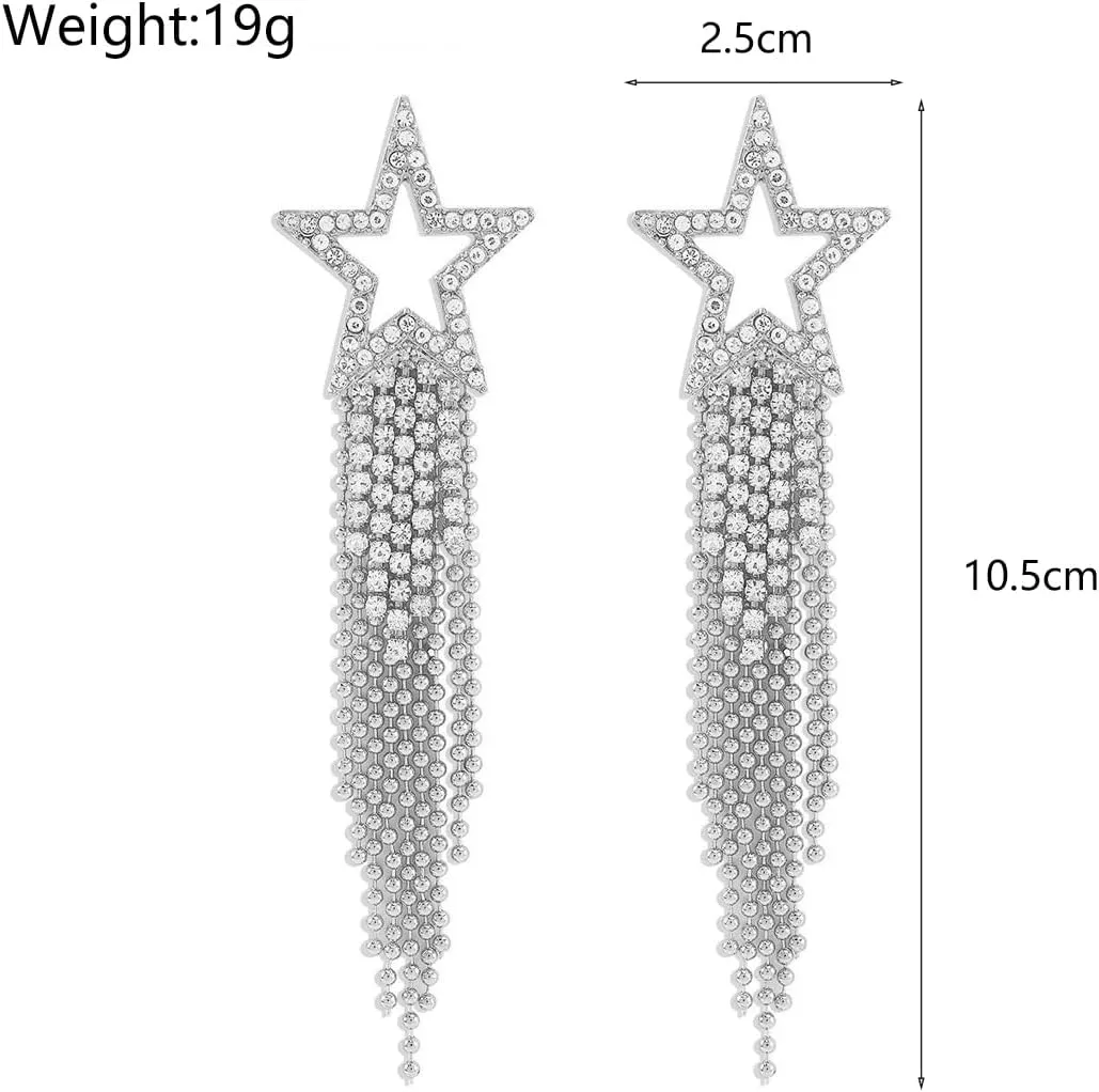 Bling Rhinestone Star Tassel Dangle Earrings for Women Long Gold Crystal Fringe Drop Earrings Statement Chandelier Earrings Wedding Party Jewelry