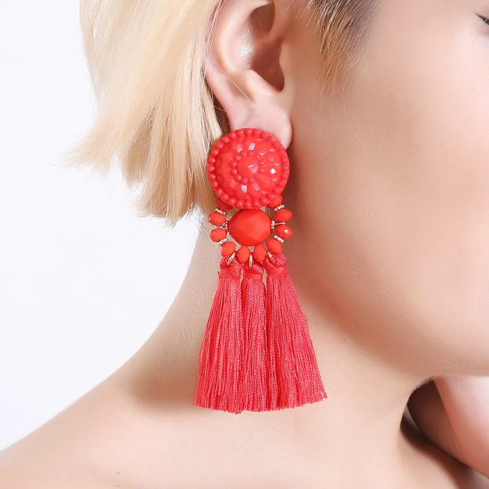 boderier Bohemian Statement Thread Tassel Chandelier Drop Dangle Earrings with Cassandra Button Stud