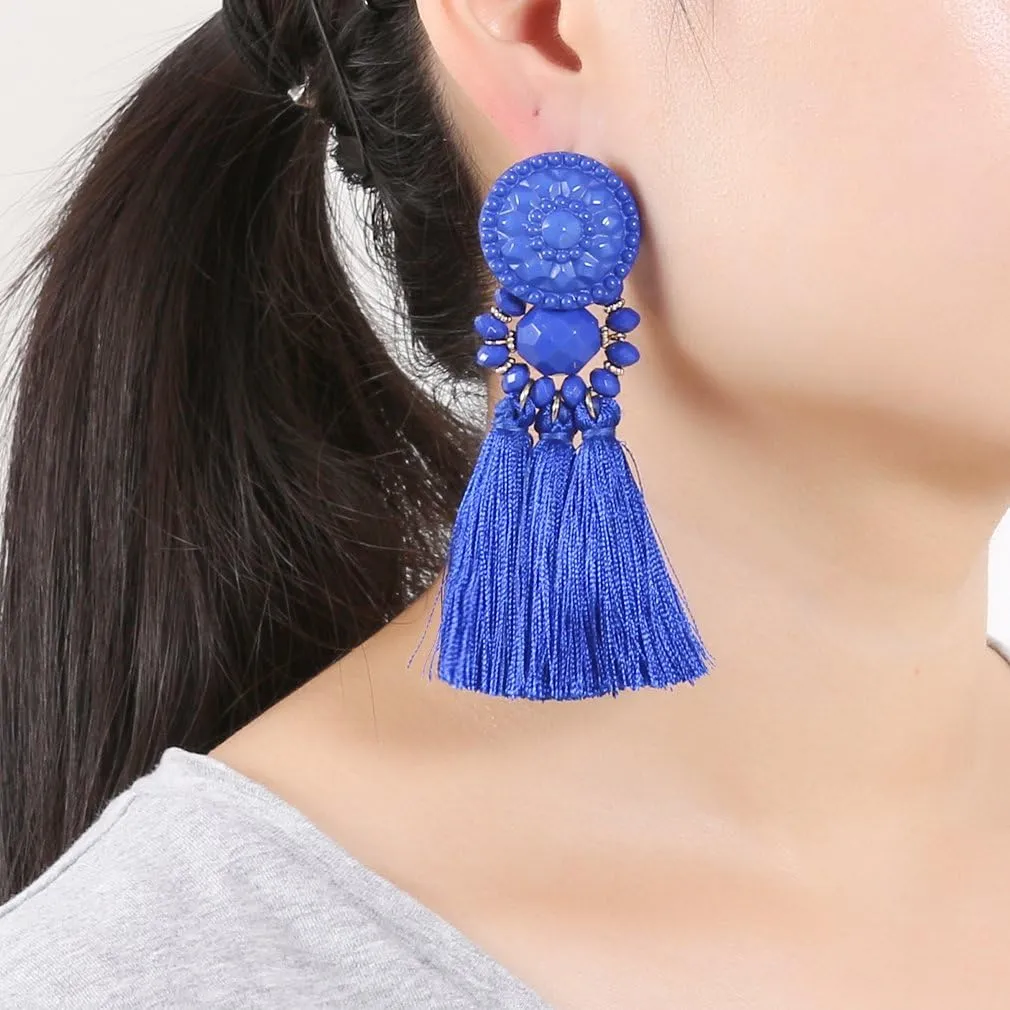 boderier Bohemian Statement Thread Tassel Chandelier Drop Dangle Earrings with Cassandra Button Stud