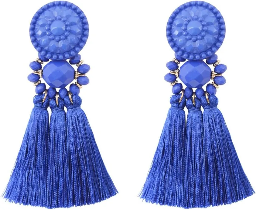 boderier Bohemian Statement Thread Tassel Chandelier Drop Dangle Earrings with Cassandra Button Stud