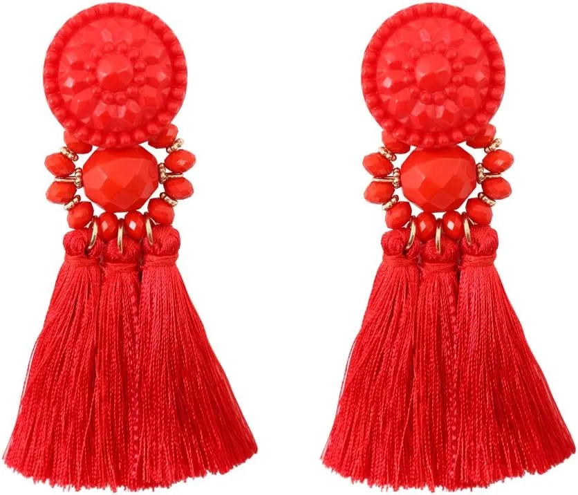 boderier Bohemian Statement Thread Tassel Chandelier Drop Dangle Earrings with Cassandra Button Stud