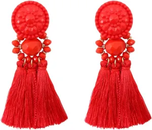 boderier Bohemian Statement Thread Tassel Chandelier Drop Dangle Earrings with Cassandra Button Stud