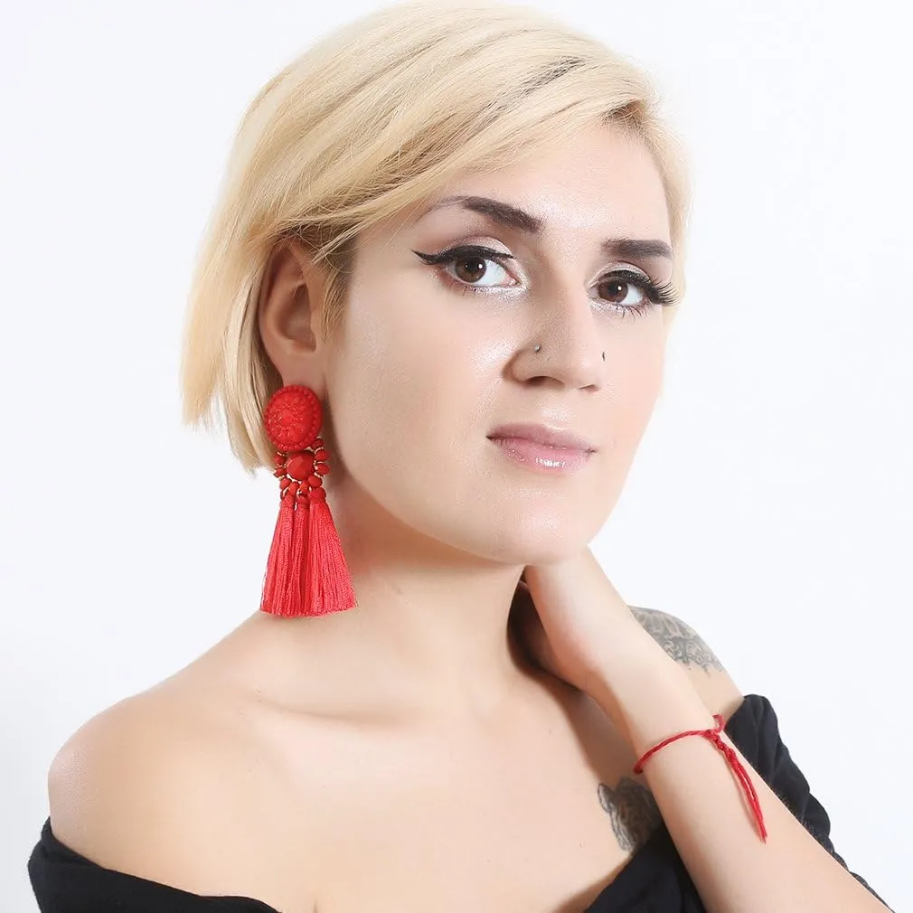boderier Bohemian Statement Thread Tassel Chandelier Drop Dangle Earrings with Cassandra Button Stud